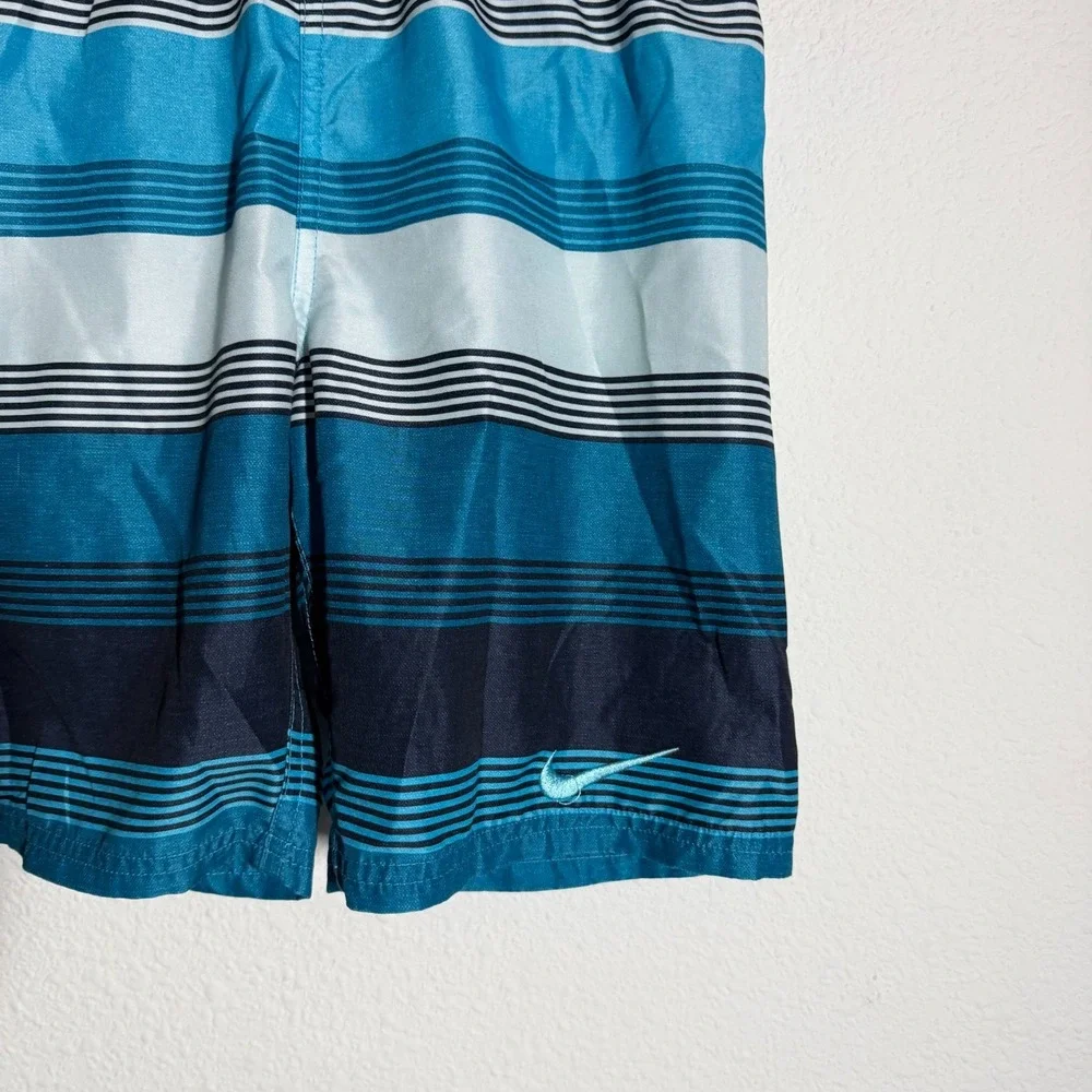 Nike Just‎ Do It Trunks Shorts Boys Teal Blue Striped Drawstring Beach Swimwear
